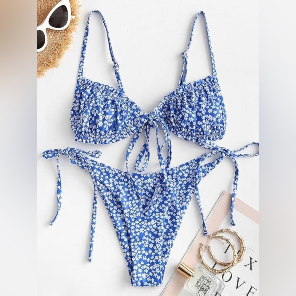 ZAFUL Ditsy Floral Print Swimsuit Underwire String High Cut Cheeky Bikini (NWT)